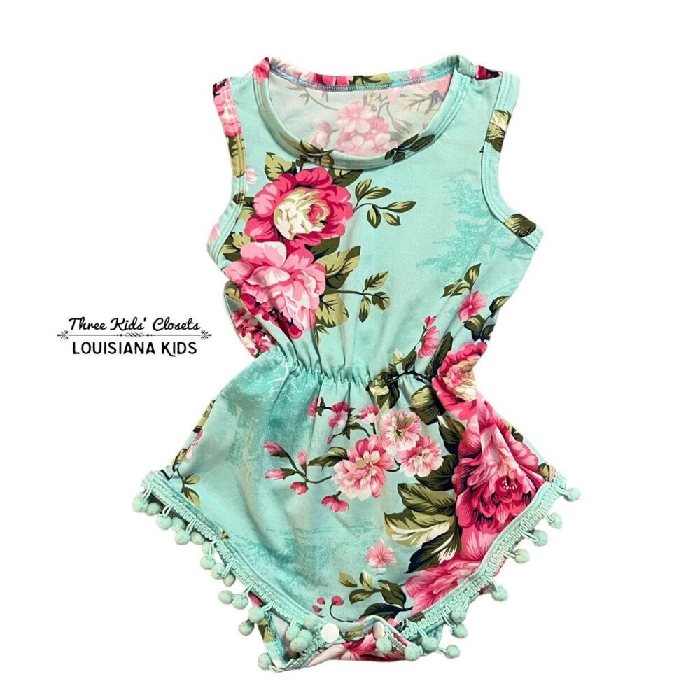 Baby Girl 12m Aqua & Pink Floral Pom Pom Romper